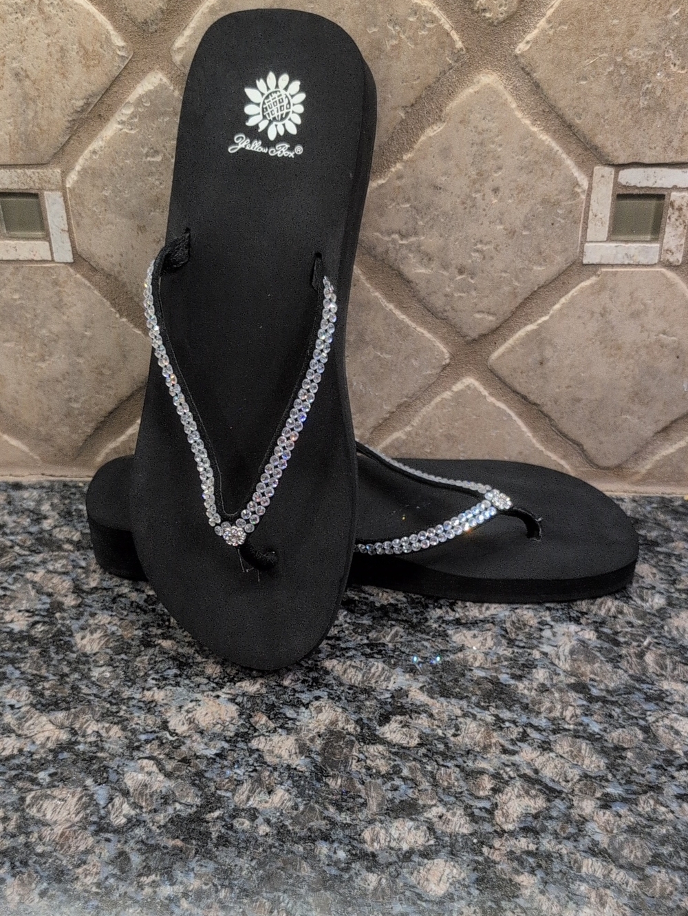 Yellow Box Women's Black Rhinestone Flip Flop Sandals